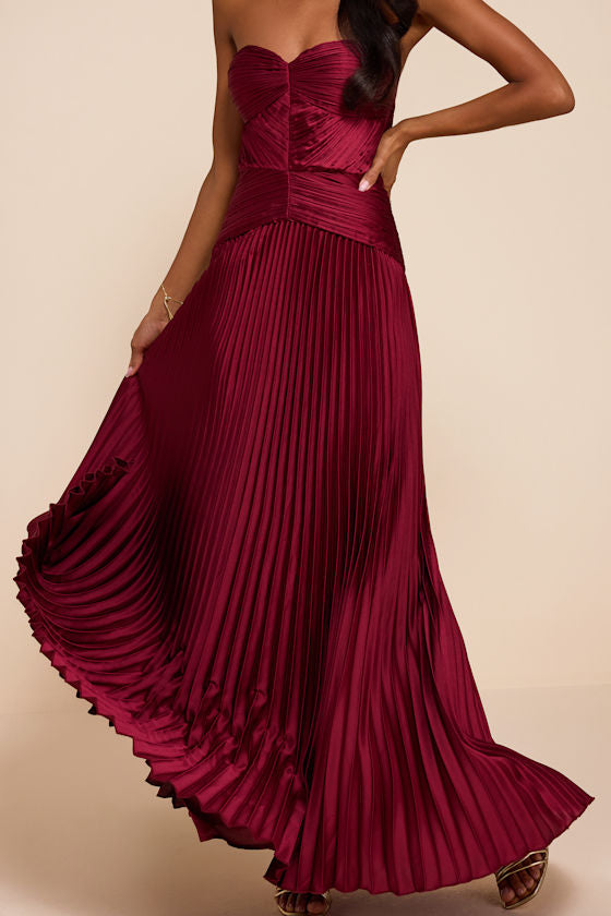Elkay Burgundy Pleated Satin Drop Waist Maxi Dress