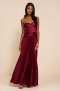Elkay Burgundy Pleated Satin Drop Waist Maxi Dress