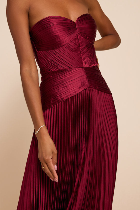 Elkay Burgundy Pleated Satin Drop Waist Maxi Dress