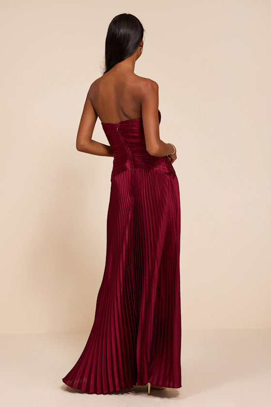 Elkay Burgundy Pleated Satin Drop Waist Maxi Dress