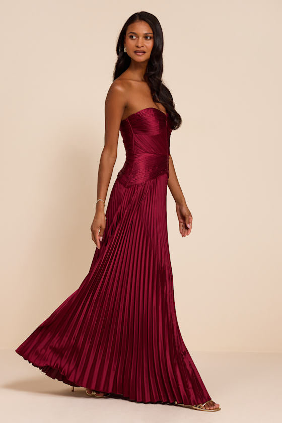 Elkay Burgundy Pleated Satin Drop Waist Maxi Dress
