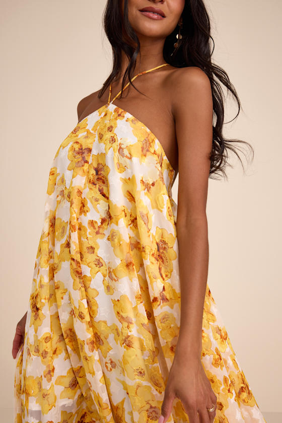 Dezzi Yellow Multi Floral Halter Shift Maxi Dress