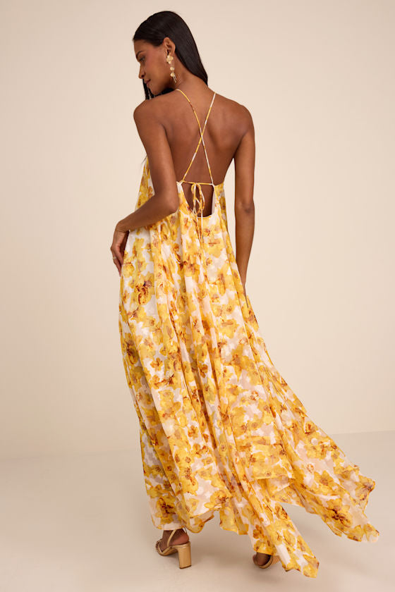 Dezzi Yellow Multi Floral Halter Shift Maxi Dress