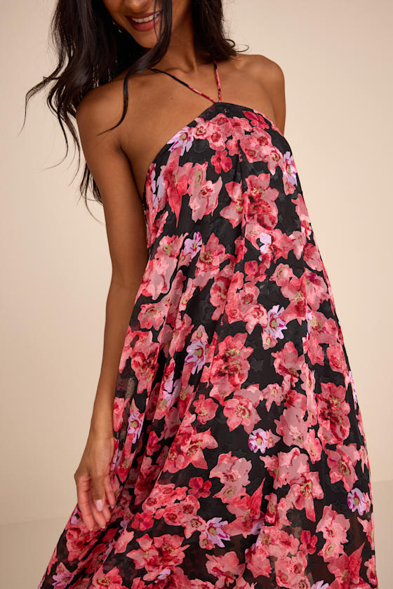 Dezzi Black Multi Floral Halter Shift Maxi Dress