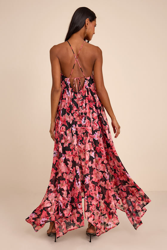 Dezzi Black Multi Floral Halter Shift Maxi Dress