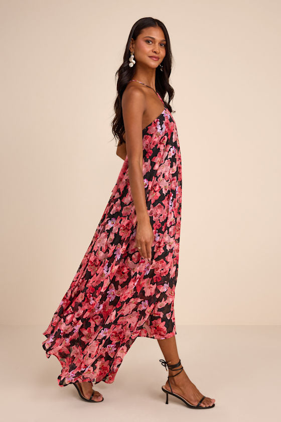 Dezzi Black Multi Floral Halter Shift Maxi Dress