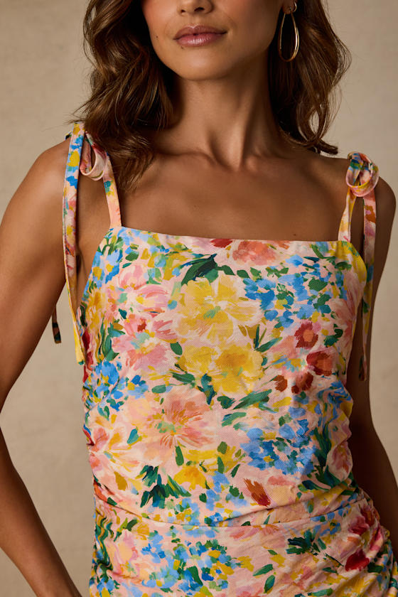 Alexi Peach Multi Floral Tie-Strap Mini Dress
