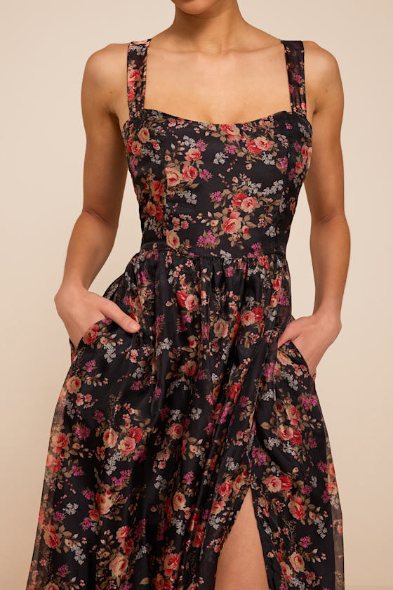 Francesca Black Floral Sleeveless Midi Dress