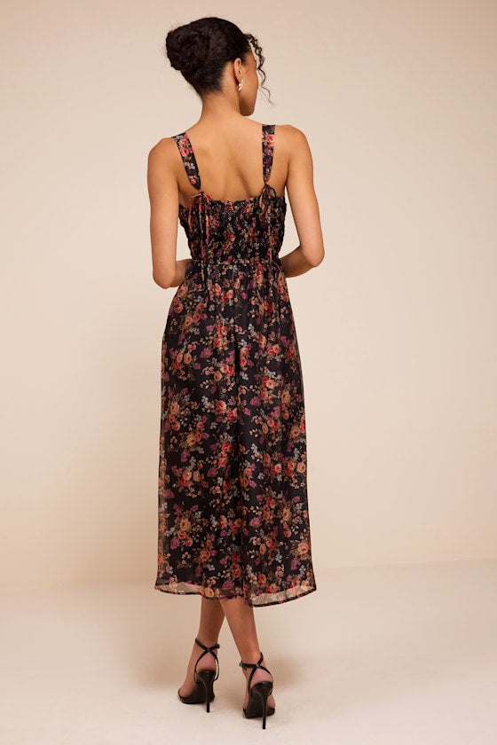 Francesca Black Floral Sleeveless Midi Dress