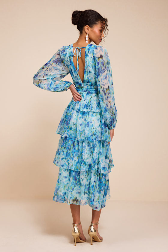 Macy Light Blue Multi Floral Tiered Midi Dress