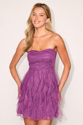 Delightful Beauty Purple Mesh Strapless Ruffled Mini Dress