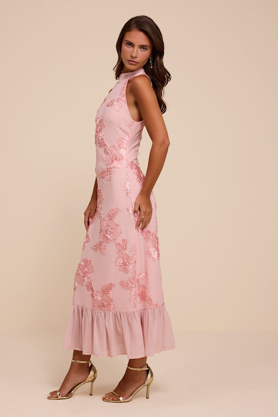 Margaret Light Pink Textured Ruffled Midi Dress