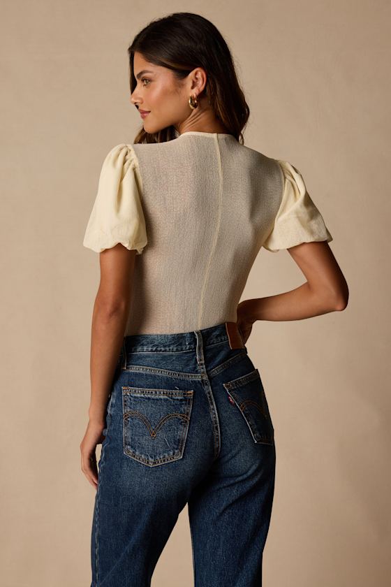 Properly Trendy Cream Mesh Puff Sleeve Bodysuit