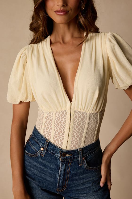 Properly Trendy Cream Mesh Puff Sleeve Bodysuit