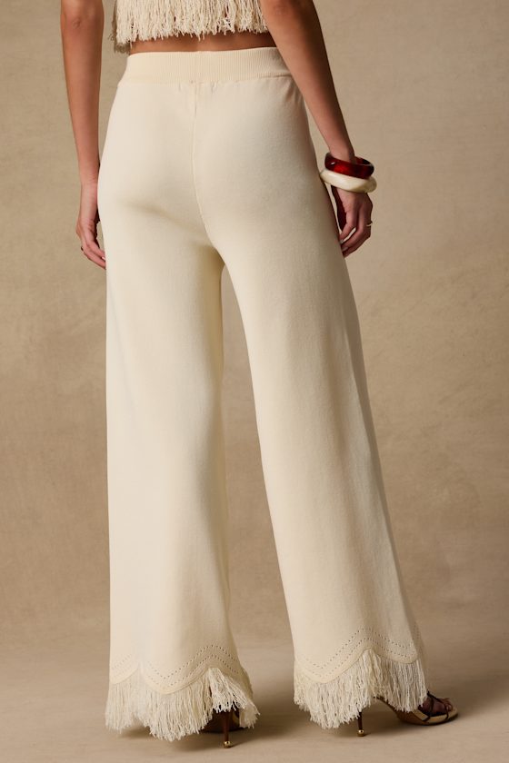 Helisa Cream Sweater Knit High-Rise Fringe Pants