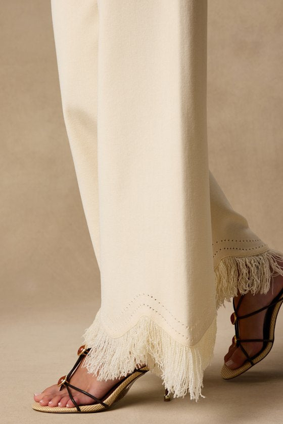 Helisa Cream Sweater Knit High-Rise Fringe Pants