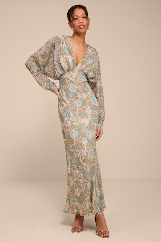 Azalea Sage Multi Floral Long Sleeve Midi Dress