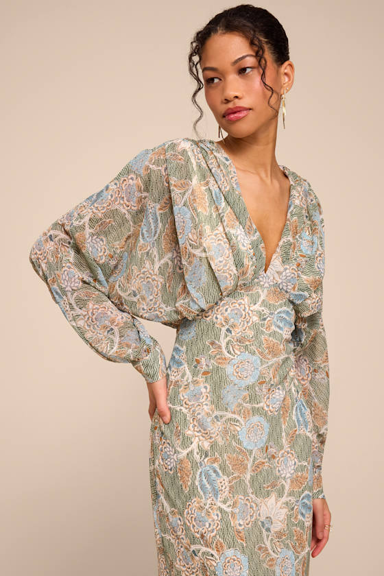 Azalea Sage Multi Floral Long Sleeve Midi Dress