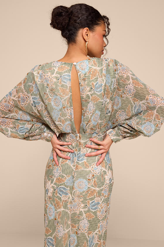 Azalea Sage Multi Floral Long Sleeve Midi Dress