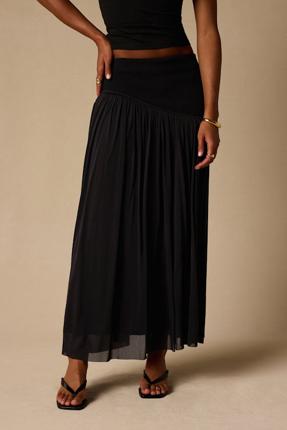 Olene Black Mixed Media Asymmetrical Maxi Skirt