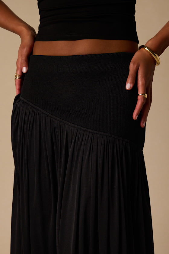 Olene Black Mixed Media Asymmetrical Maxi Skirt