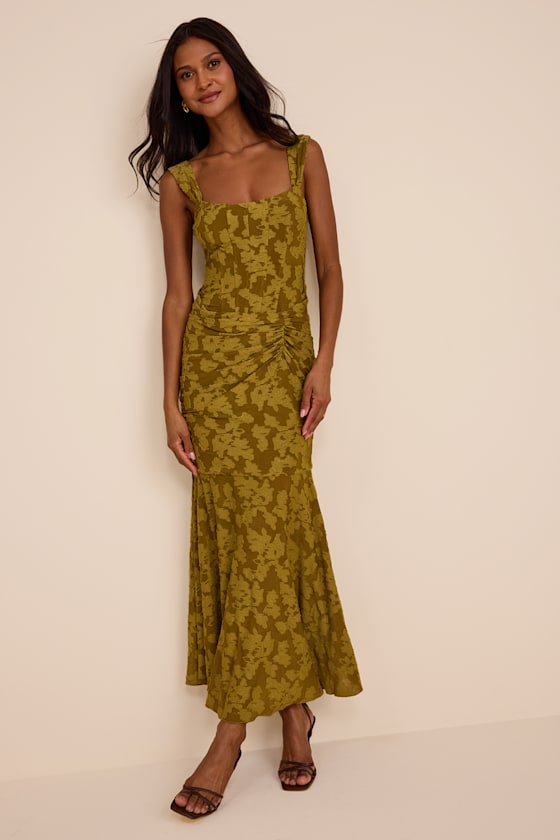 Celeste Olive Green Floral Burnout Bustier Maxi Dress