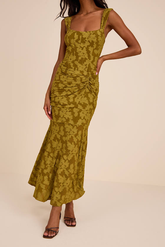 Celeste Olive Green Floral Burnout Bustier Maxi Dress