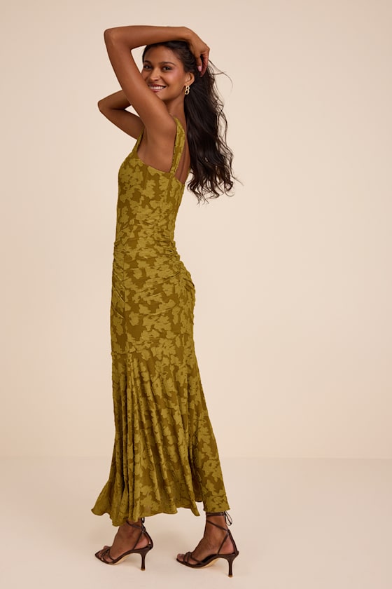 Celeste Olive Green Floral Burnout Bustier Maxi Dress