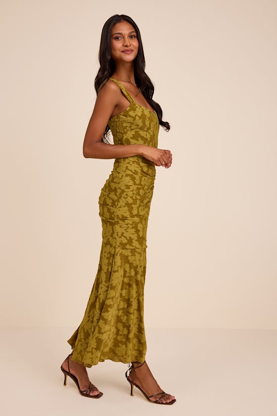 Celeste Olive Green Floral Burnout Bustier Maxi Dress