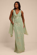 Sidonia Sage and Gold Floral Cowl Sash Maxi Dress