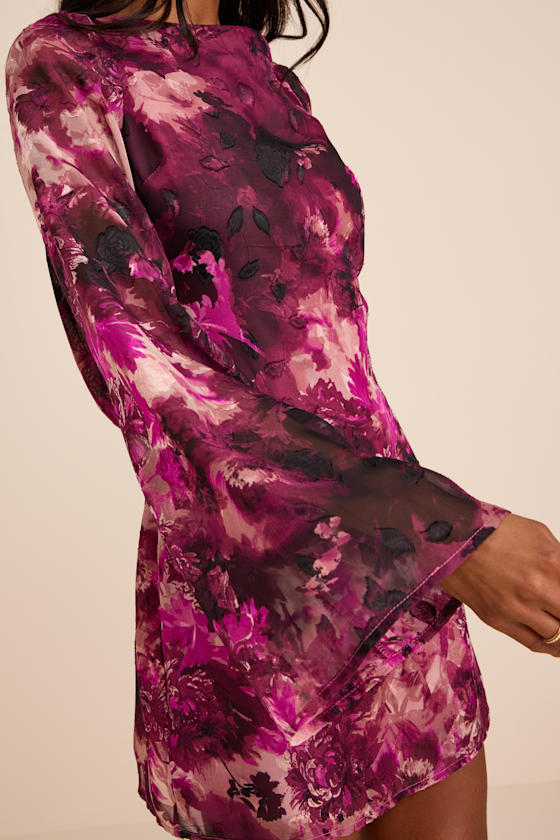 Jaleen Plum Floral Jacquard Bell Sleeve Mini Dress