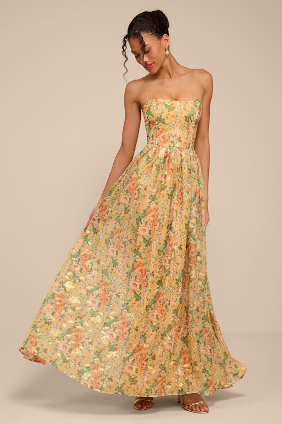 Claudia Light Orange Multi Floral Strapless Maxi Dress