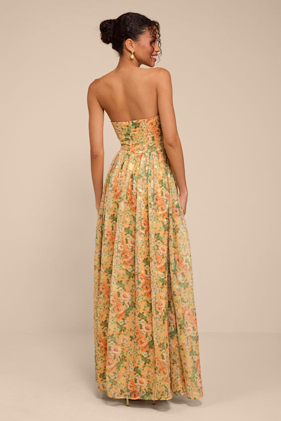Claudia Light Orange Multi Floral Strapless Maxi Dress
