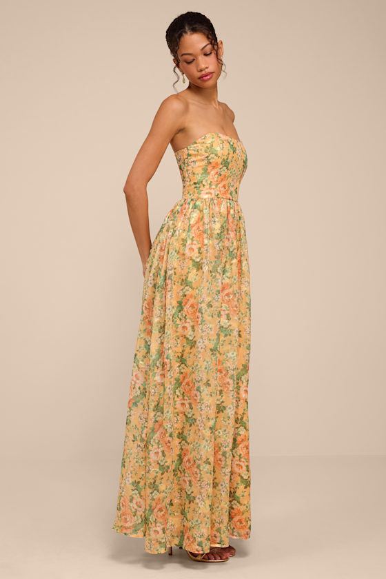 Claudia Light Orange Multi Floral Strapless Maxi Dress