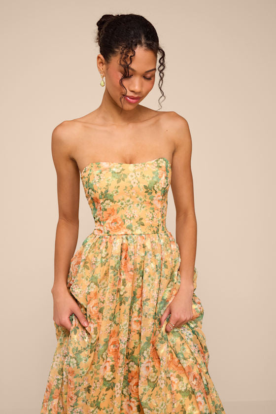 Claudia Light Orange Multi Floral Strapless Maxi Dress
