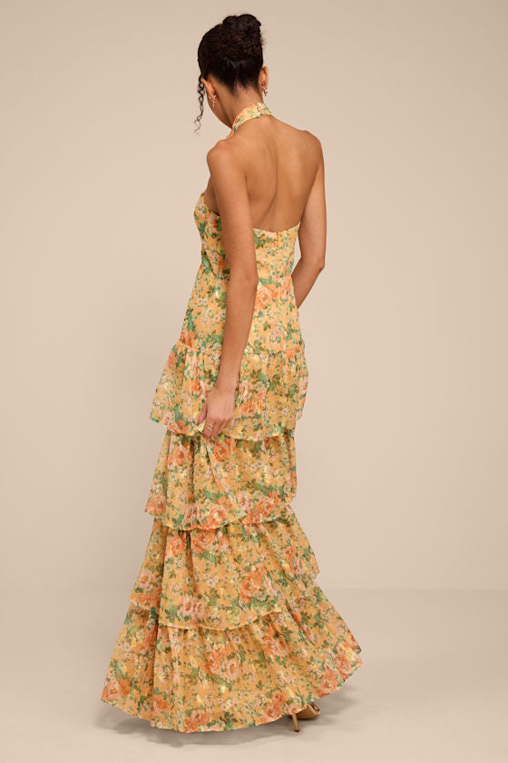 Cynthia Yellow Multi Floral Tiered Maxi Dress