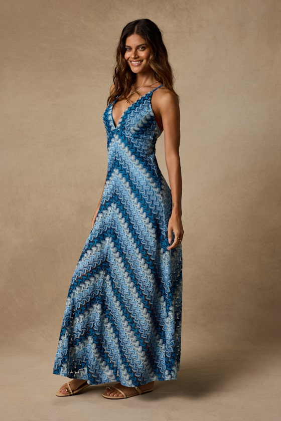 Marbella Blue Multi Crochet Sleeveless Maxi Dress