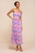Kymani Pink Multi Floral Pleated Midi Dress