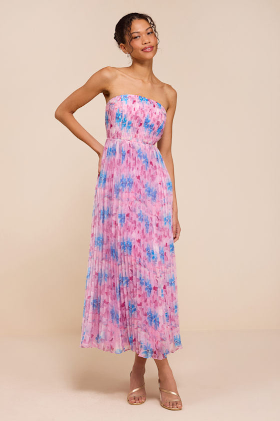 Kymani Pink Multi Floral Pleated Midi Dress