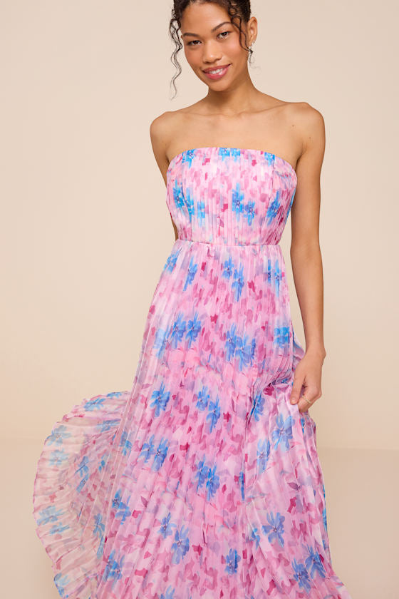 Kymani Pink Multi Floral Pleated Midi Dress