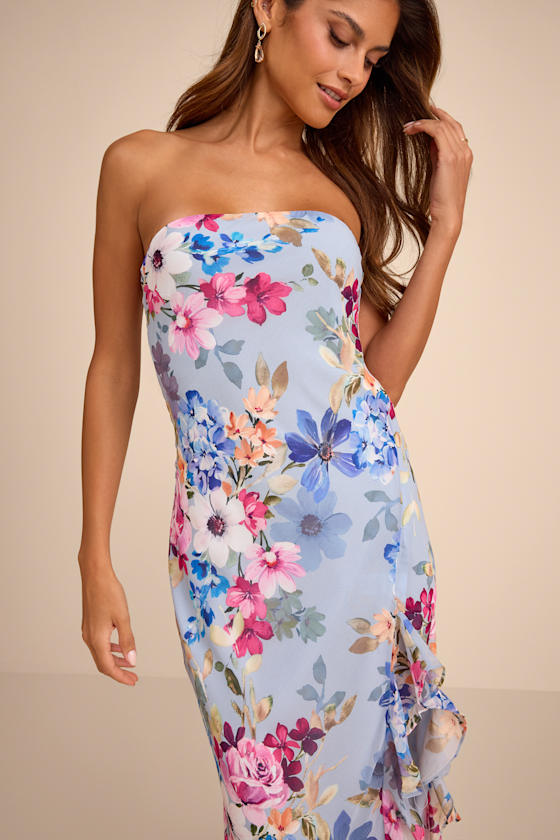 Melissa Light Blue Multi Floral Ruffled Midi Dress