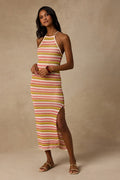 Nalani Pink Multi Striped Crochet Halter Midi Dress