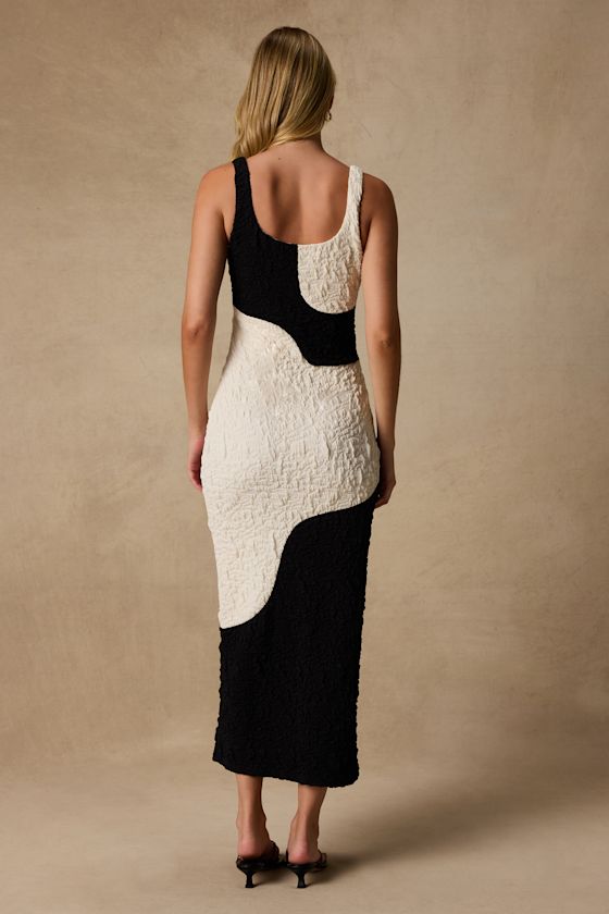 Instantly Adored Black and Ivory Color Block Textured Midi Dress