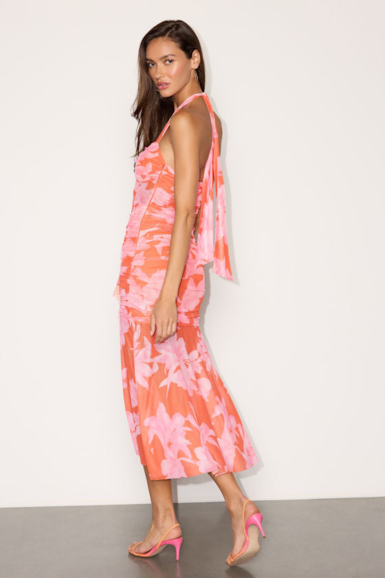 Keyla Orange and Pink Floral Mesh Ruched Midi Dress