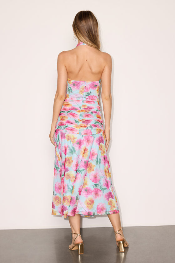 Nancy Light Blue Multi Mesh Halter Midi Dress