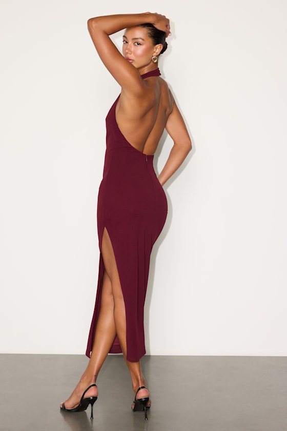 Deziree Burgundy Halter Bodycon Midi Dress