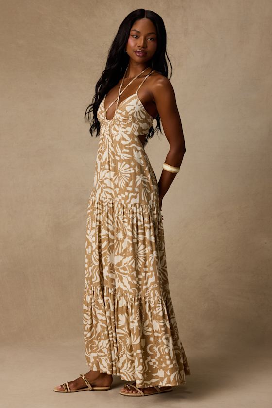 Mykonos Memories Tan and Ivory Abstract Maxi Dress With Pockets