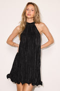 Vaivah Black Satin Plisse Mock Neck Swing Mini Dress