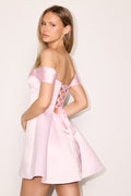 Rhylee Light Pink Satin Lace-Up Off-the-Shoulder Mini Dress
