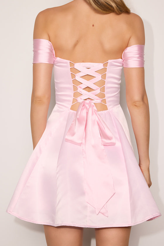 Rhylee Light Pink Satin Lace-Up Off-the-Shoulder Mini Dress